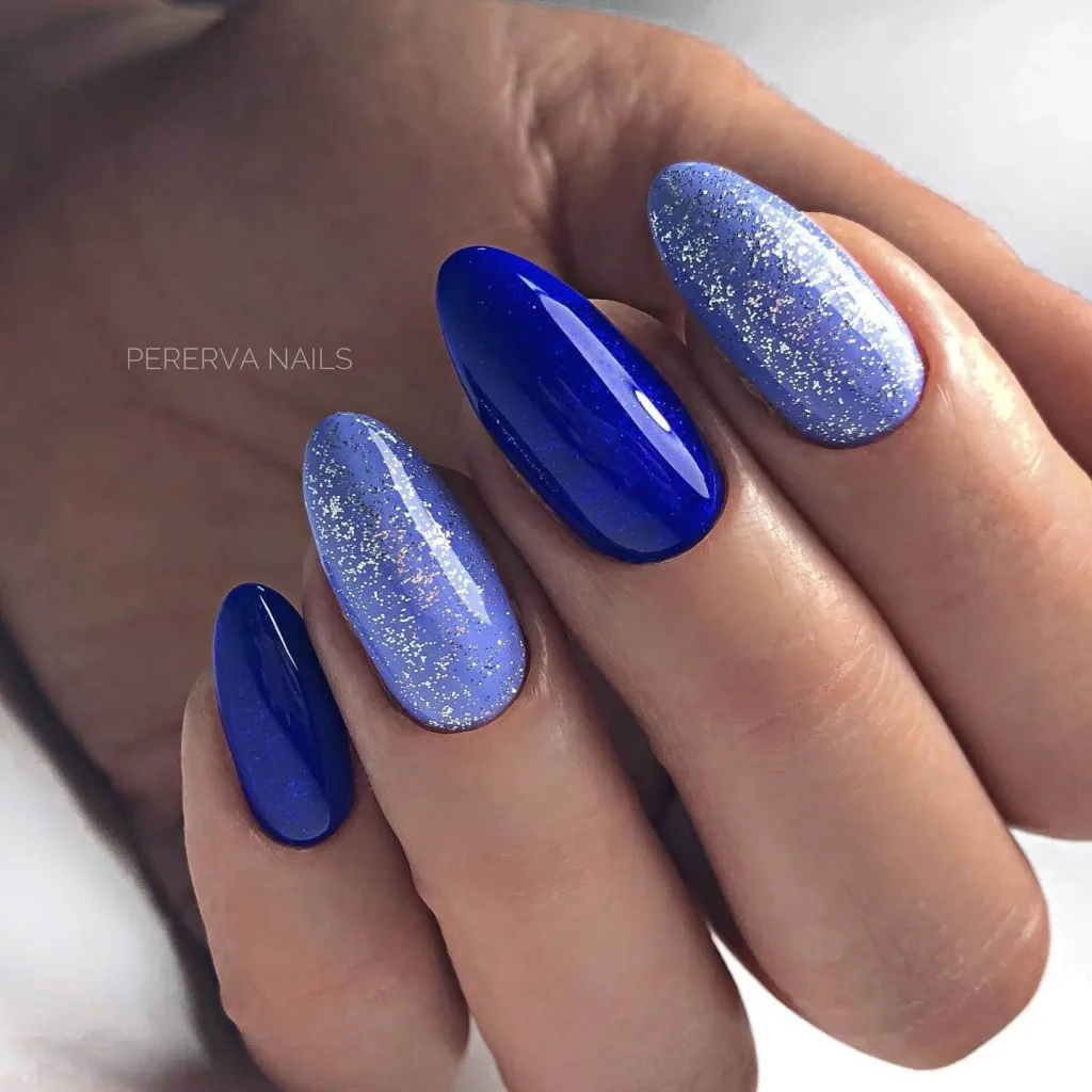 Blue to Silver Shimmer Nail Design