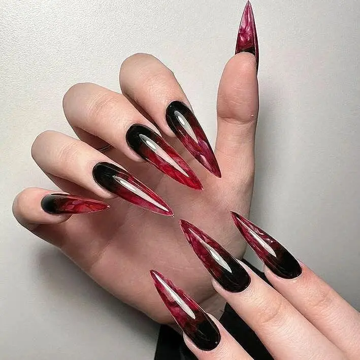 Dark black to red gradient nails