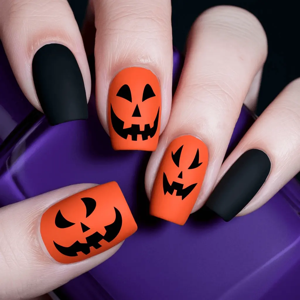 Halloween Matte Black & Orange Nail design