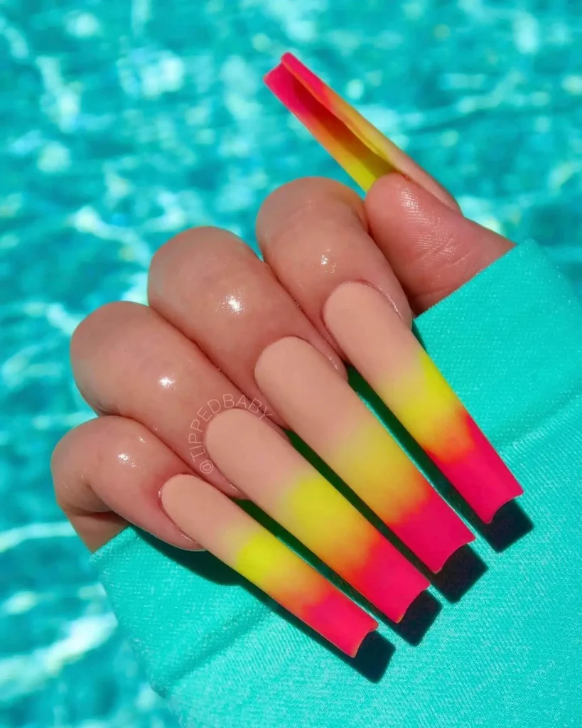 Neon yellow and pink nail design