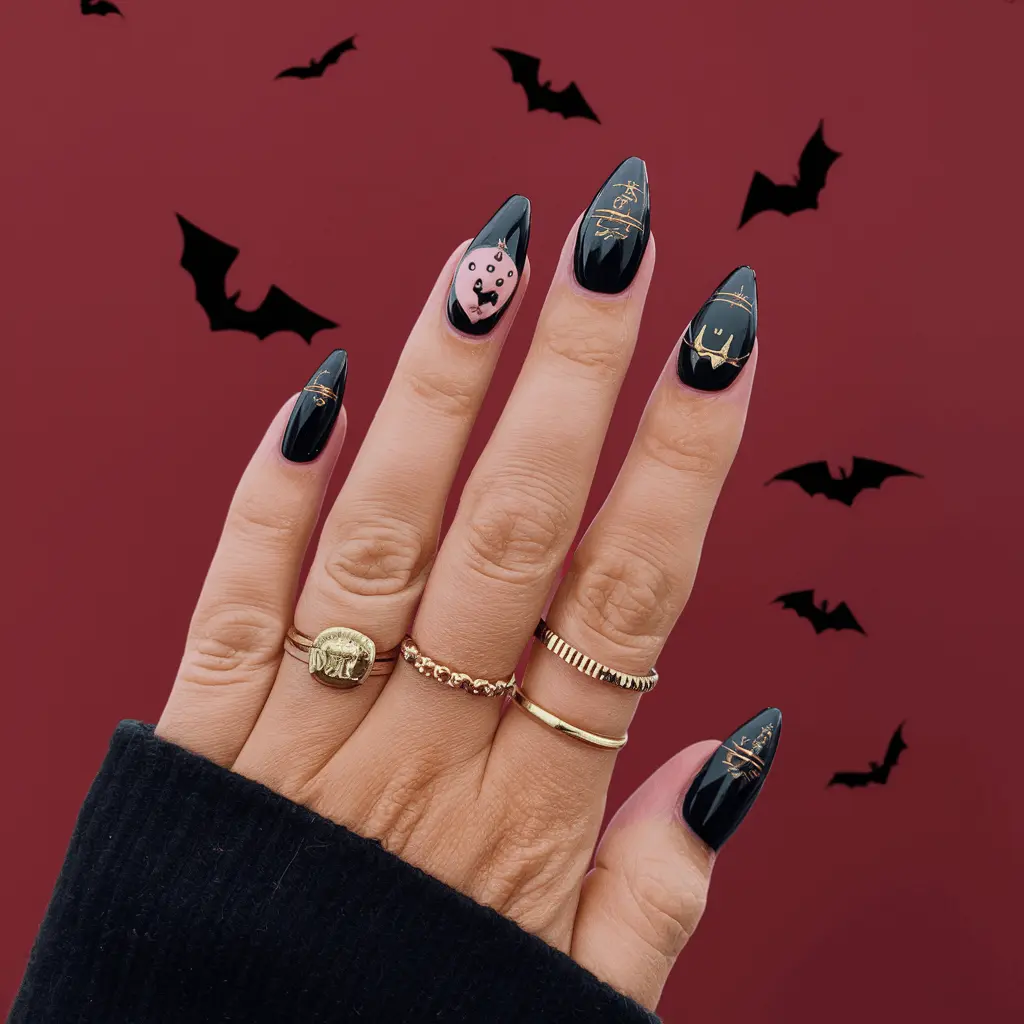 black cat and bat Hallowen nails design