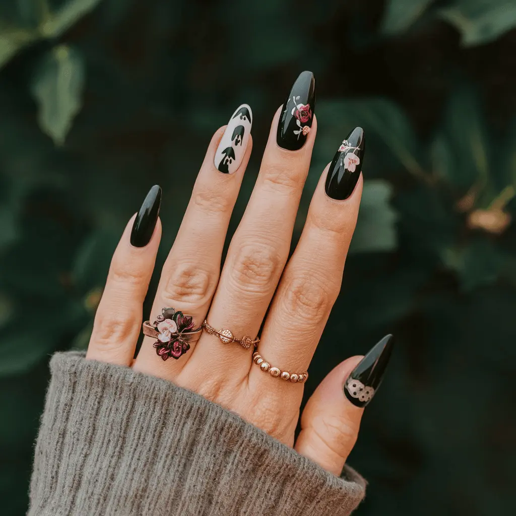 black ghost and floral hallowen nails design