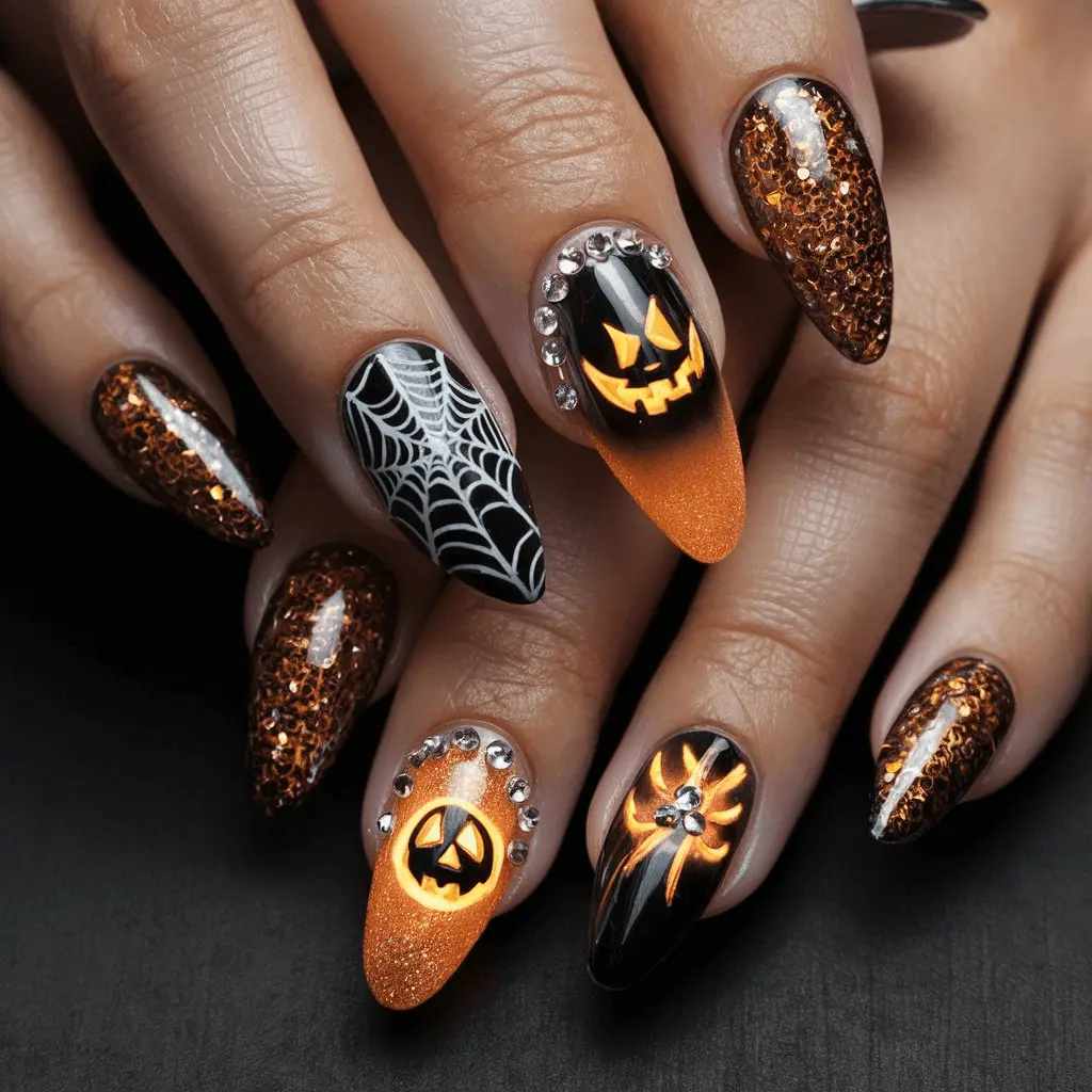 glitter and rhinestones halloween nail art design