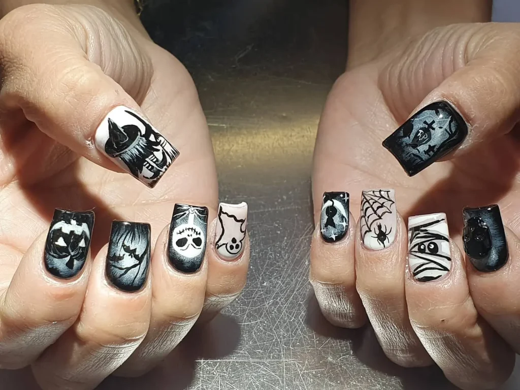 white and black spooky halloween nails design.