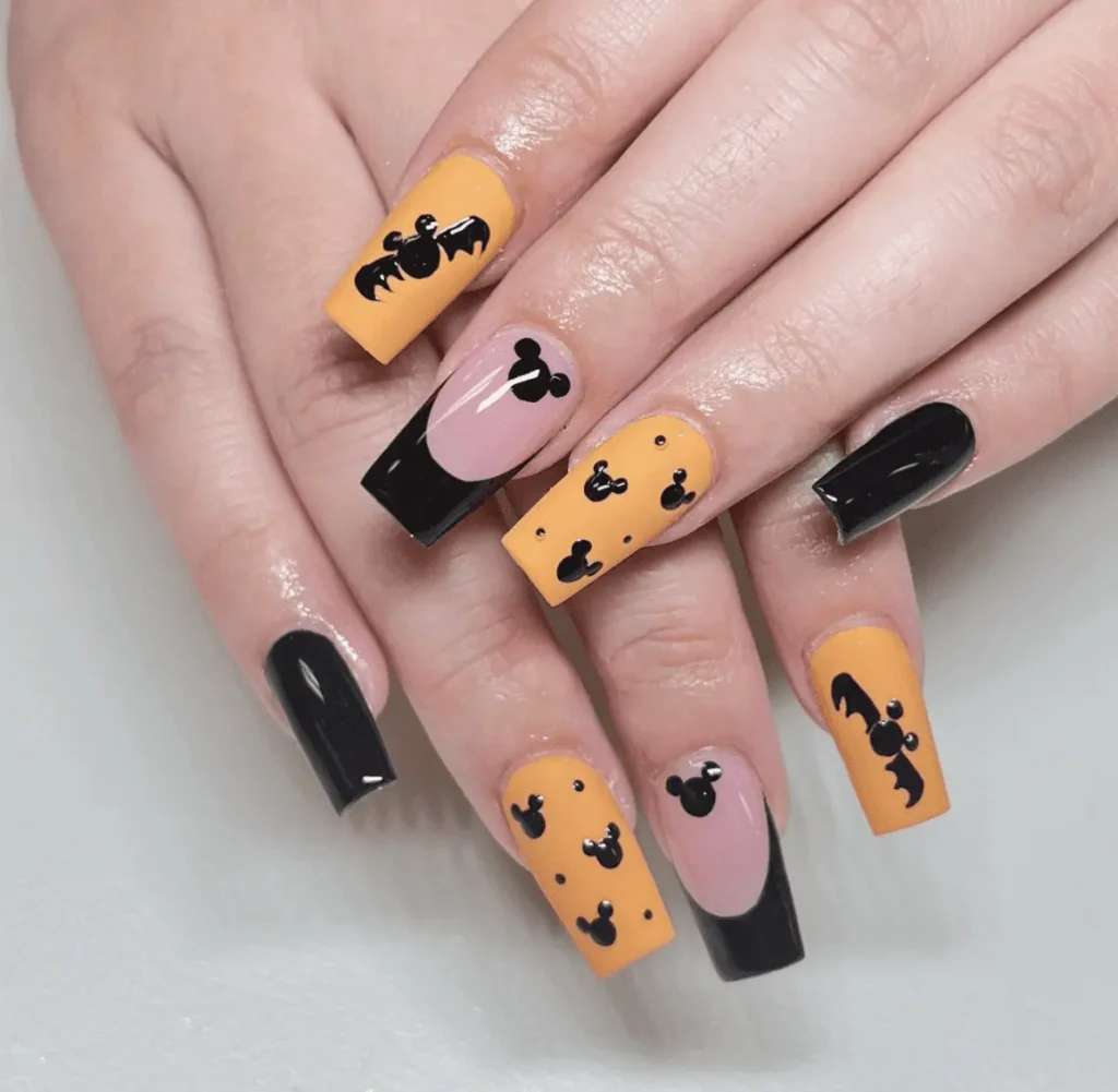 Halloween Black Nails with Mickey Mouse and Bat