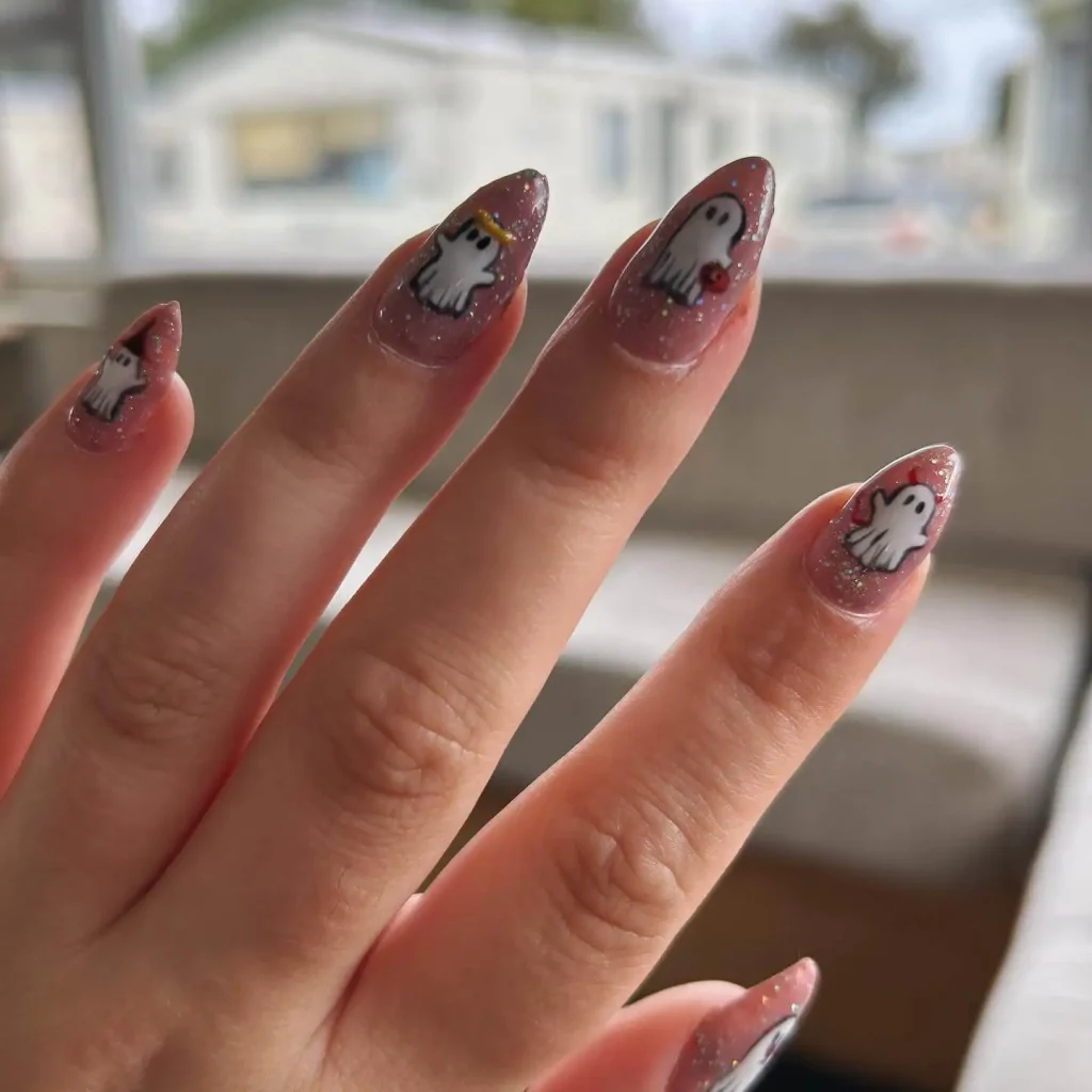 Cute Touch of Little Ghosts Nail Design with Clear Top Coat