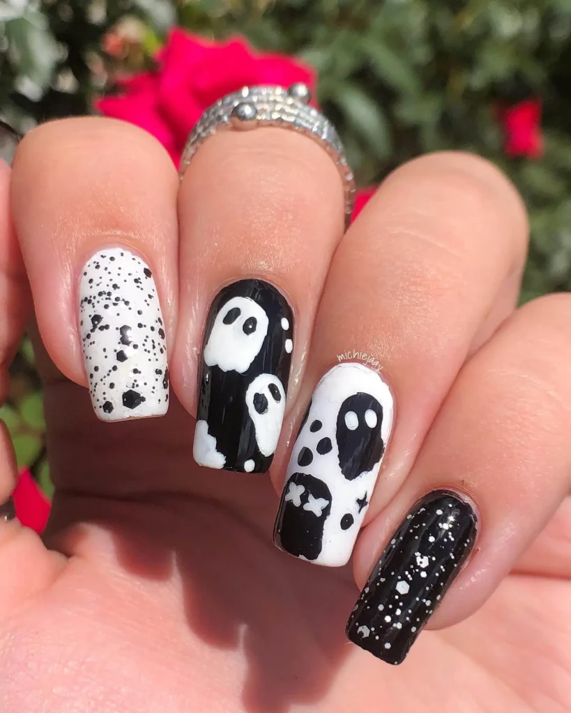 Spooky black and white ghost nail