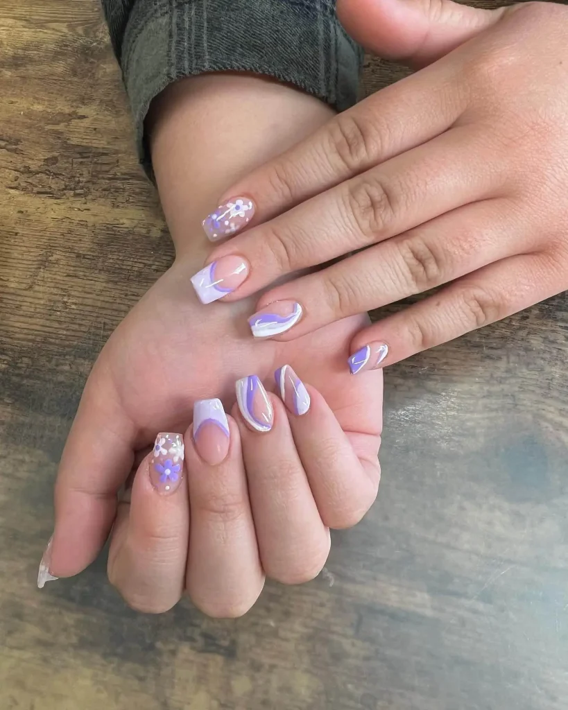 white and purple swirl Nail art