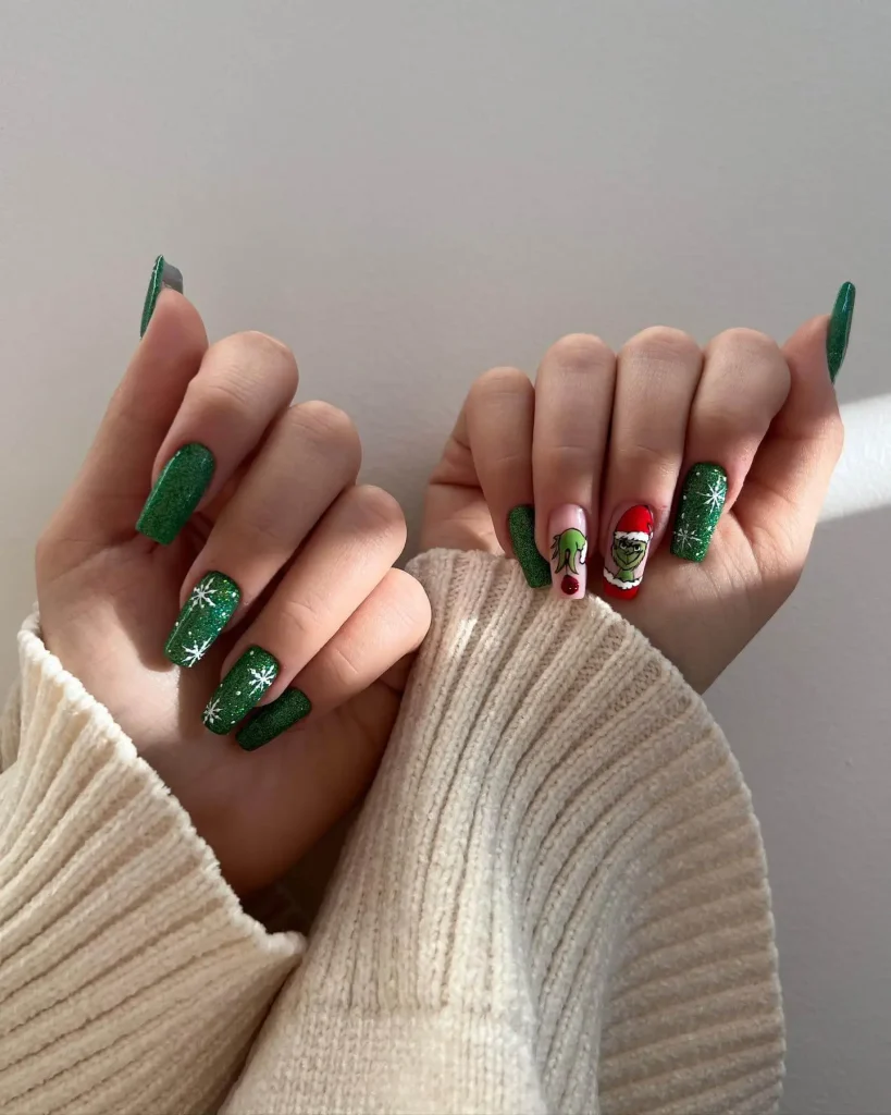 green and white christmas nails