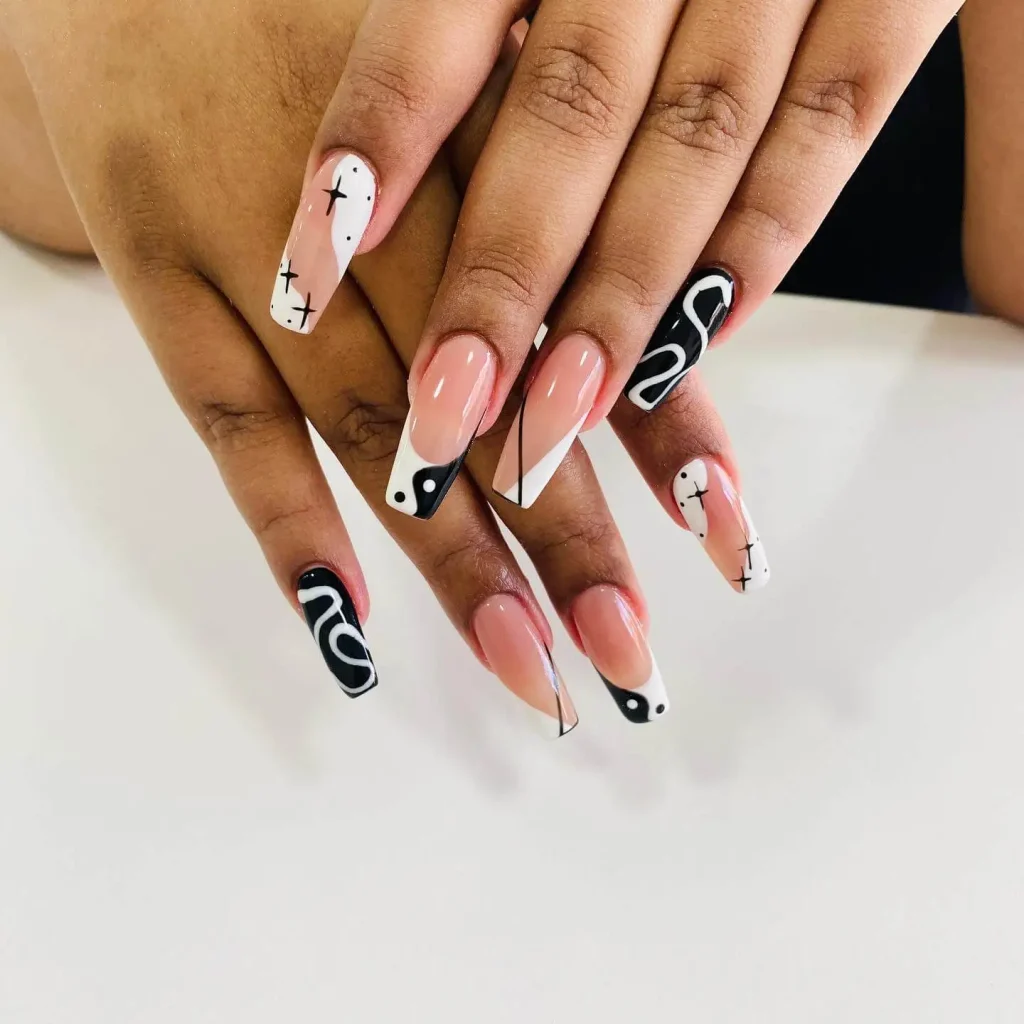 white and black nail art